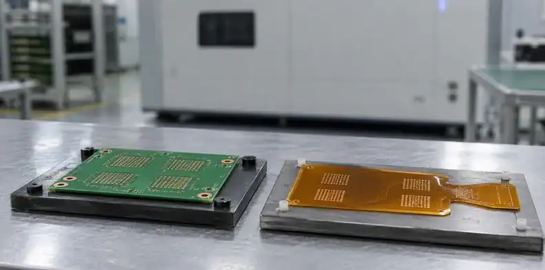 Different microvia subassembly samples lie beside a laser-drilling process inspection fixture.