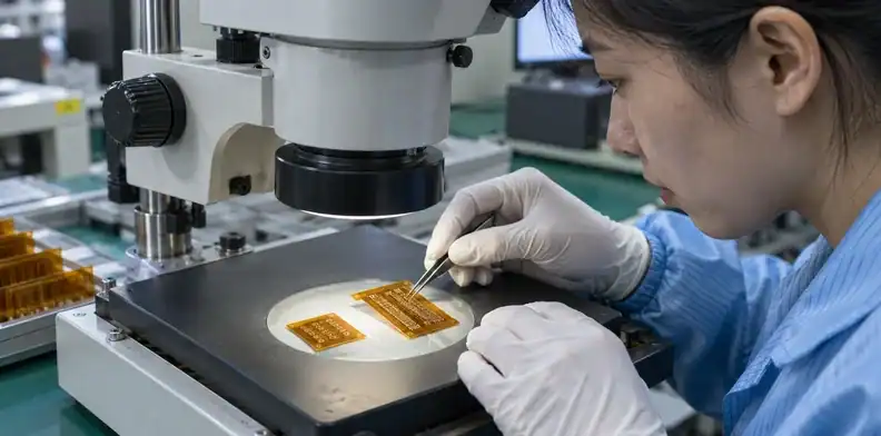A supported two-layer flex sample is inspected for its assembly-pad surface.