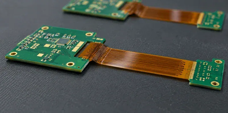A rigid-flex board shows a thicker rigid island beside its thin continuing amber flex span.