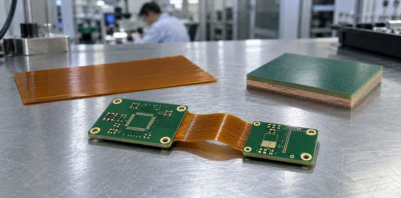 An HDI rigid-flex board and separate subassembly samples are arranged for an engineering review.