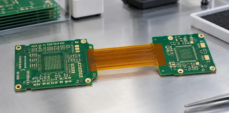 Two green rigid board sections joined by an orange flexible circuit