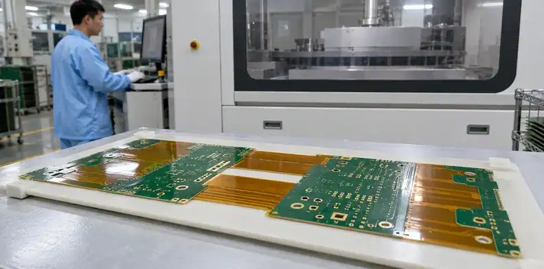 An intermediate rigid-flex panel is supported near a planarization inspection station.