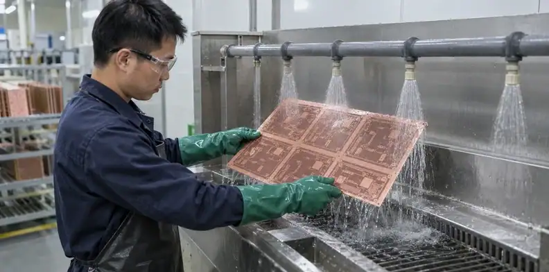 A gloved technician rinses a patterned copper inner-layer panel at a controlled wet-process station.