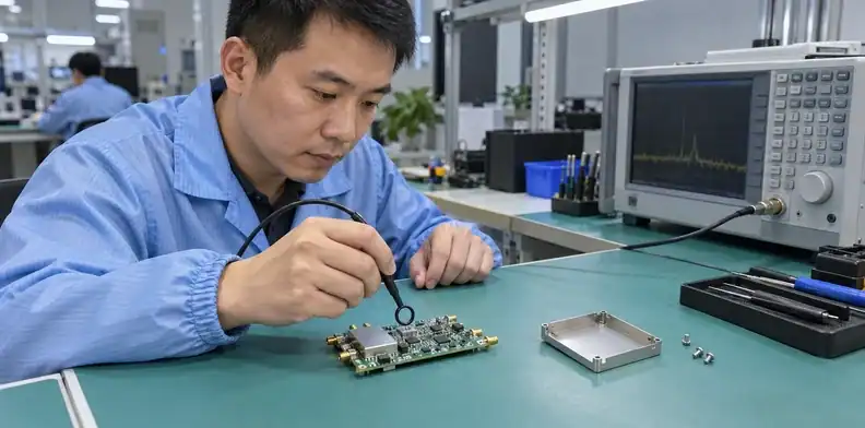 A near-field probe is positioned above a populated board beside a removable shield cover.