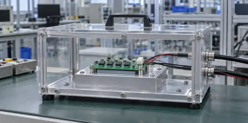 A guarded prototype fixture holds the board, insulating interface and cold plate for separate verification tasks.