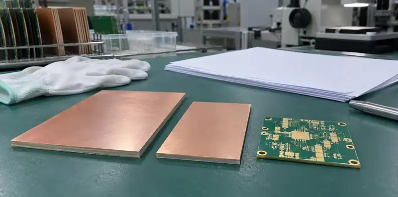 Copper-clad laminate samples and a finished RF board sit together for a material identity review.