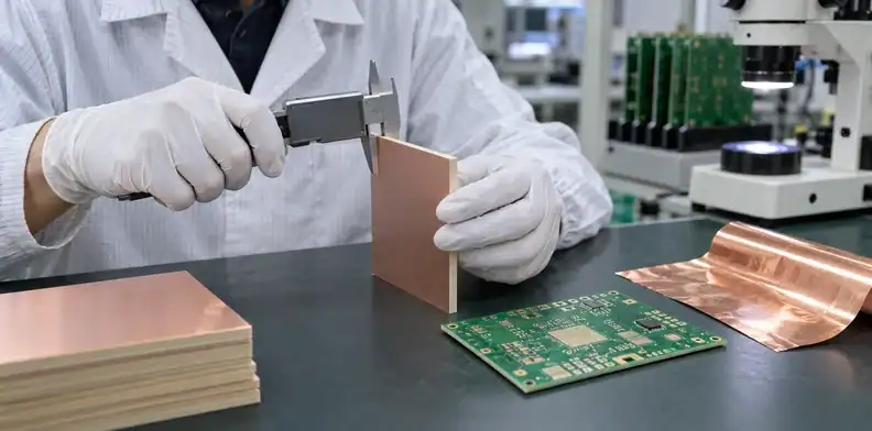 A digital caliper measures a copper-clad sample edge beside a finished RF board.