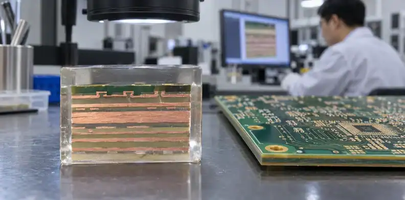 A polished board section shows copper layers beside an outer routing sample.