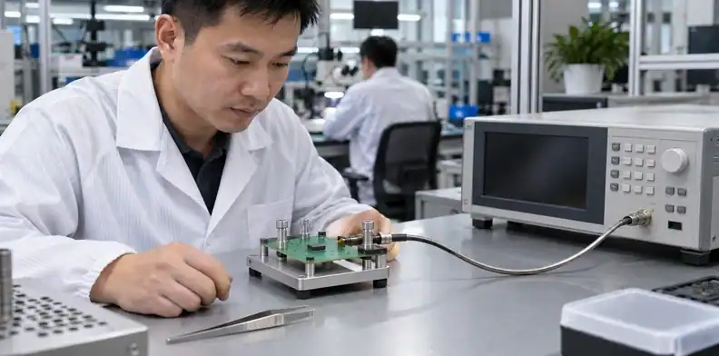 A small analog board is connected to a shielded input cable and laboratory instrument.