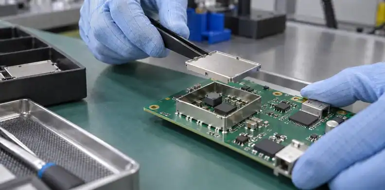 A metal cover is held above components inside an open shield frame.