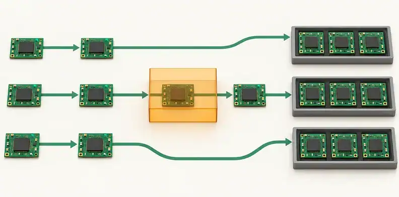 Three groups of circuit boards following separate sampling routes