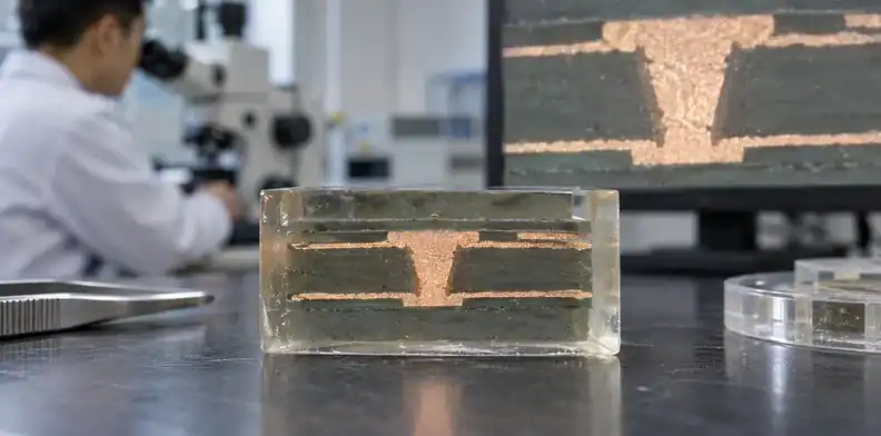 PCB microsection samples beneath a microscope