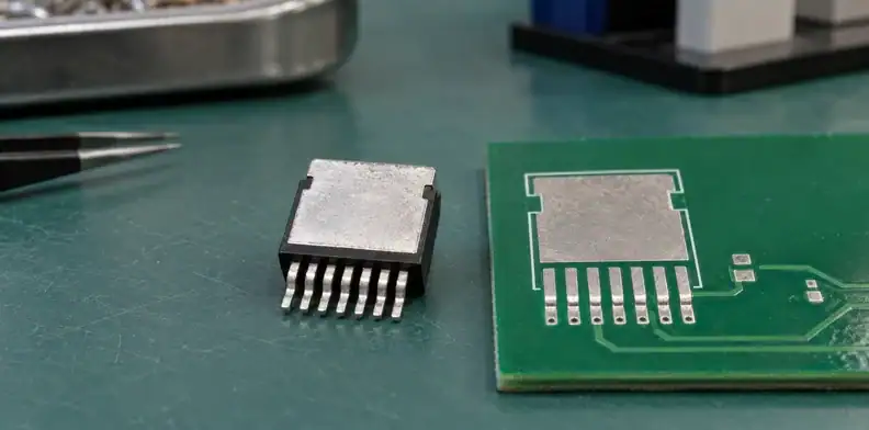 An underside-up power transistor rests beside a PCB footprint for checking the cooling pad and lead connections.