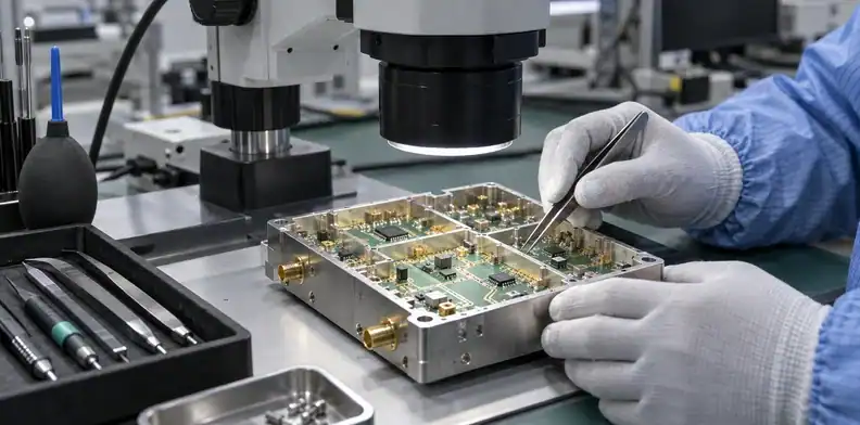 A microscope objective is positioned above components inside an open compartmented RF assembly.