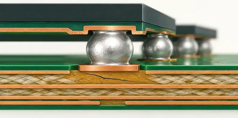 Schematic, not to scale: dielectric crack beneath a copper land and intact solder joint