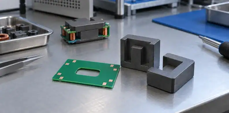 A planar transformer PCB sits beside two dark ferrite core pieces on an engineering bench.