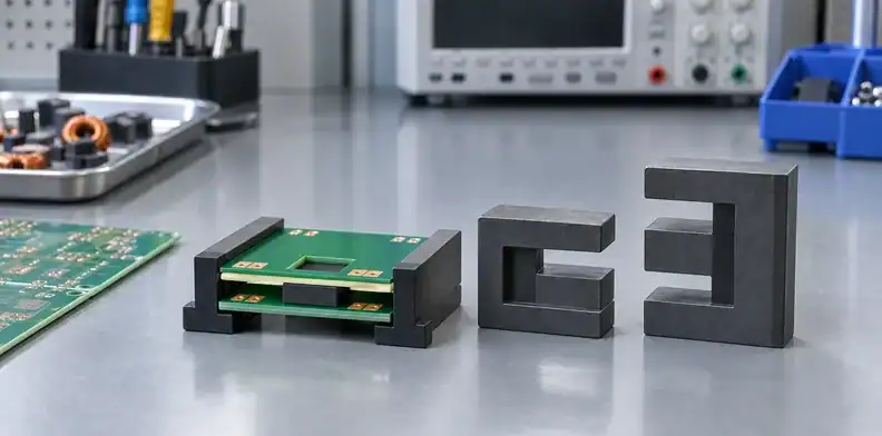 A short horizontal winding-board stack rests in a ferrite fixture beside two core halves.
