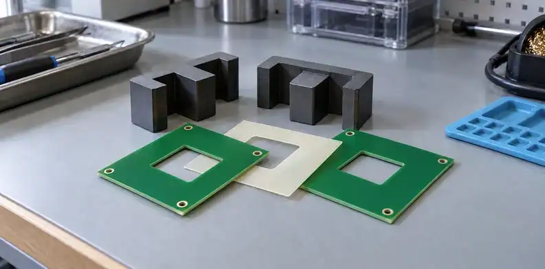 Separate winding boards and a pale insulating sheet lie beside dark core pieces.