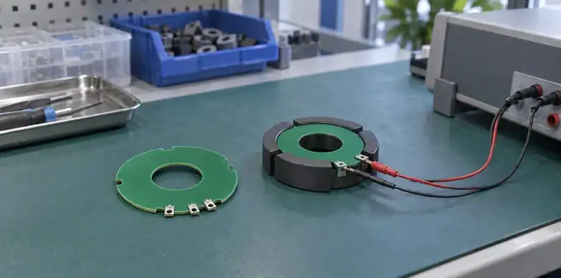 A bare winding board sits beside a core-installed assembly connected to test leads.