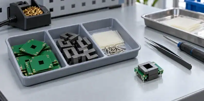 Winding boards, ferrite pieces and terminal hardware occupy separate compartments beside an assembled sample.