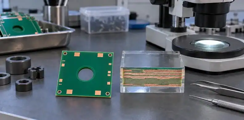 Circuit board coupon and a mounted cross-section beside a microscope