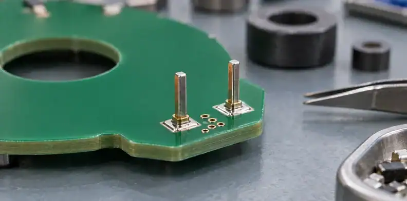 Terminal pins and a small group of plated vias appear at the edge of a winding board.