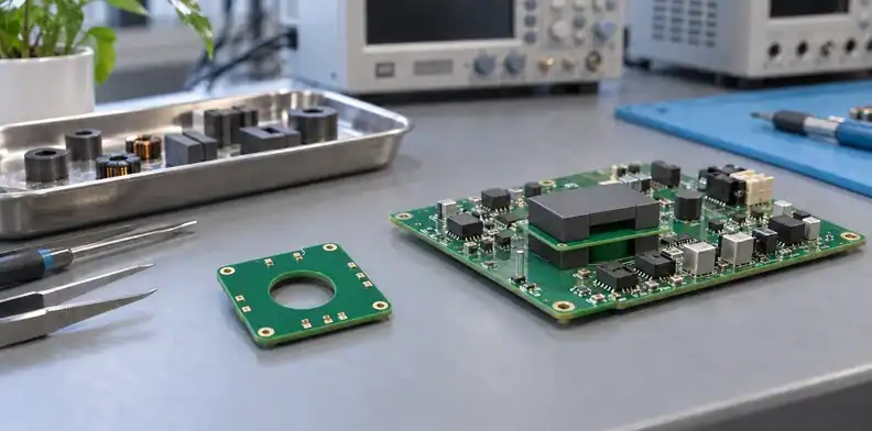 A small separate winding board sits beside a larger circuit board with a ferrite-core assembly.