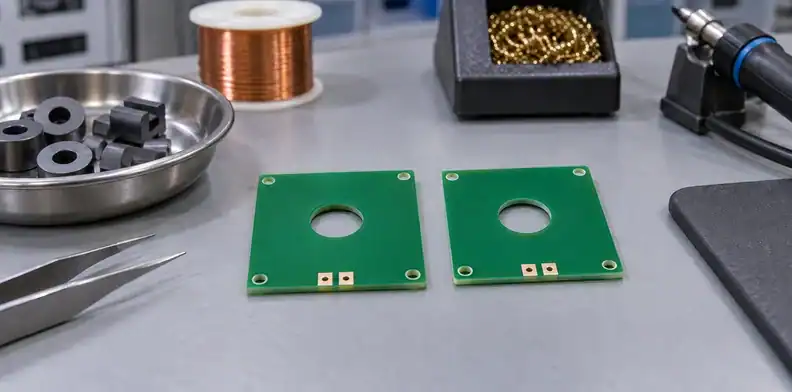 Two green winding boards have centre openings and small exposed terminal pads.