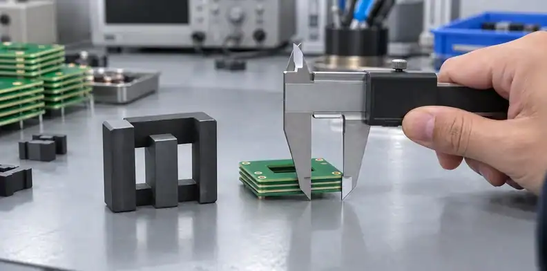 A caliper checks a winding-board stack beside an open ferrite core with a shallow window.