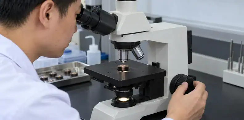 A technician examines a mounted cross-section specimen with an optical inspection microscope.