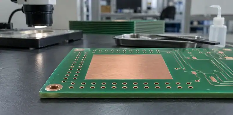 Circuit board with a copper pad surrounded by plated holes