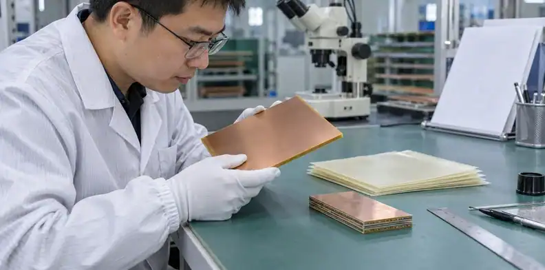 An engineer reviews a copper-clad core and bonding-ply samples at a materials bench.