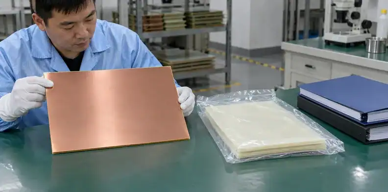 A technician checks a copper-clad core beside bagged bonding sheets and material-record folders.