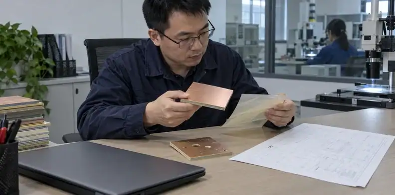 An engineer reviews a rigid core, a thin bonding sheet, a hole specimen and a fabrication drawing.