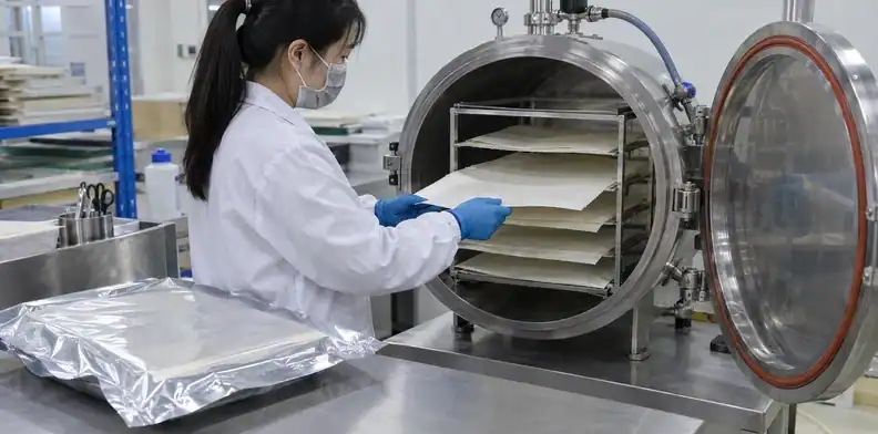 Thin bonding sheets are arranged in a vacuum drying chamber beside a sealed material bag.