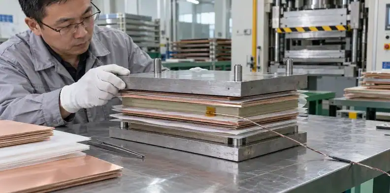 A thermocouple lead enters a prepared multilayer press book beside tooling plates.