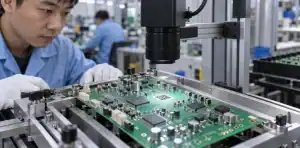 An industrial reader checks a QR code on PCB at an assembly station.