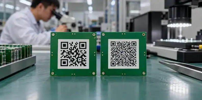 Two marking coupons compare coarse and dense QR module grids.