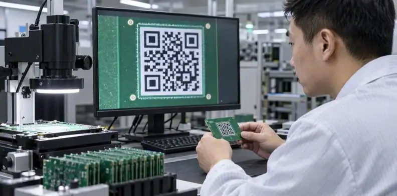 An engineer compares module artwork with a physical marking sample.