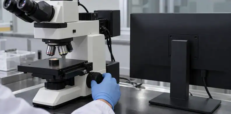 Gloved technician adjusting a microscope above a polished resin-mounted sample.