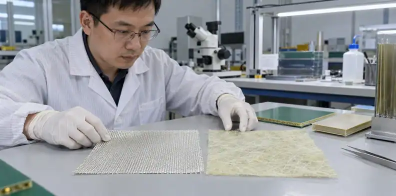 An engineer compares woven and nonwoven reinforcement samples beside rigid laminate pieces.