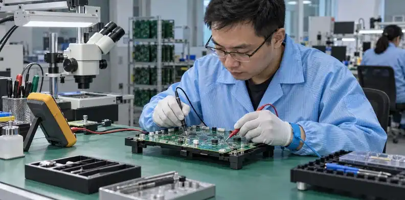 A technician checks an unpowered board at accessible test points.