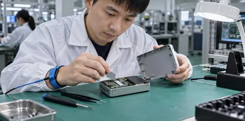 An engineer reviews housing clearance around an unpowered board using a thin spacer.