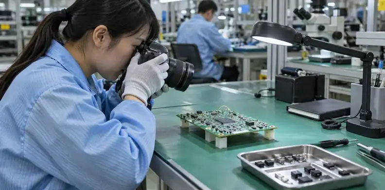 A finished jumper is photographed before the assembly leaves inspection.