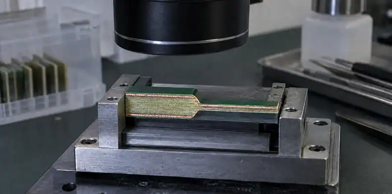 A physical cross-section exposes the remaining laminate and copper structure.