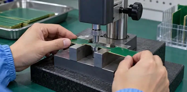 An inspector checks residual thickness with the thin strip supported.