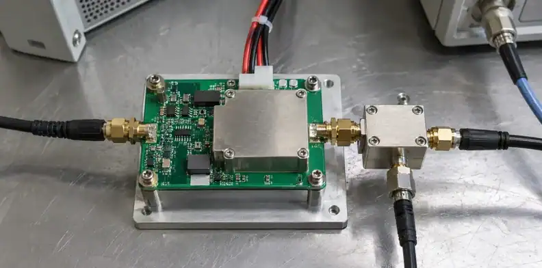 Coaxial measurement connections and DC wiring surround a compact RF amplifier stage.