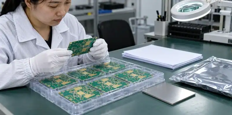 RF boards, a protective tray and plain review sheets are arranged for shipment release.