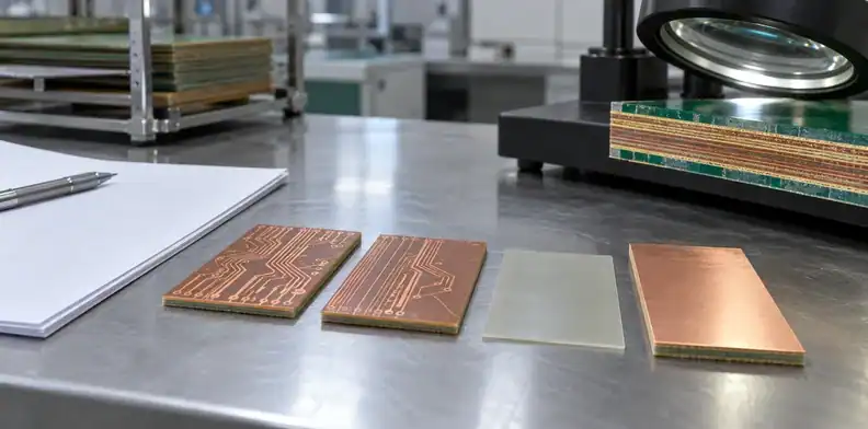 Separate laminate cores and a thin bonding sheet are laid out for a multilayer construction review.