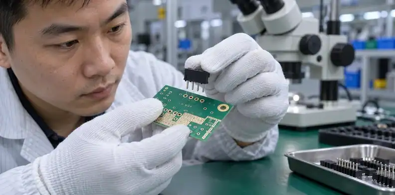 A connector lead is aligned with plated holes in an RF board at an inspection station.
